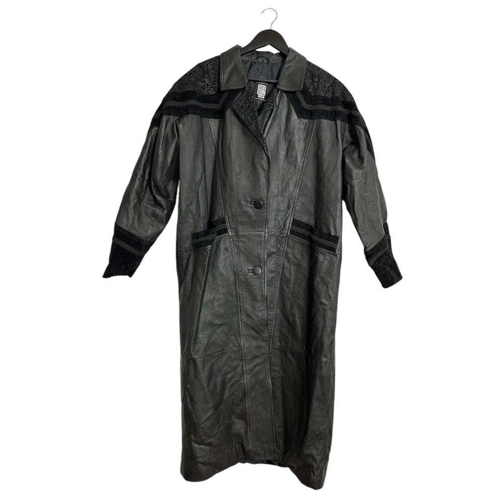 Greg Bell Women Black Leather Long Coat Paisley & Suede Trim Vintage Size Medium